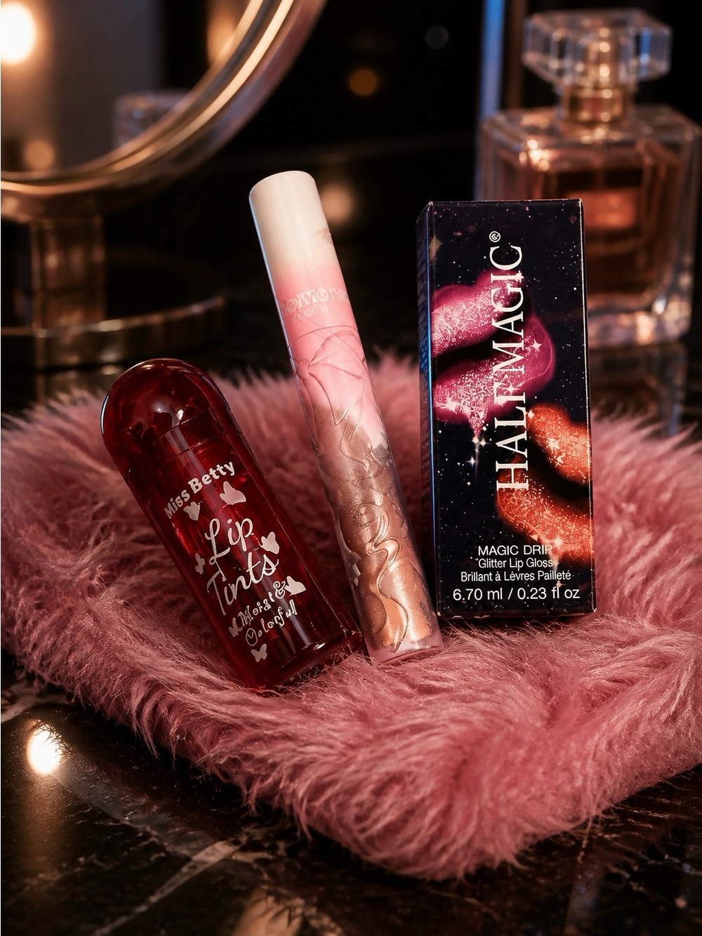 Half Magic Glitter Lip Gloss - Pink ,  with red lip stain and beige lipstick